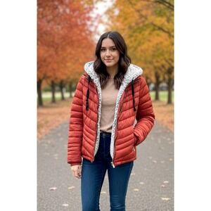 Snobbish Margot Puffer Jacket Womens L Brick Full Zip Hooded Thermal Insulation‎